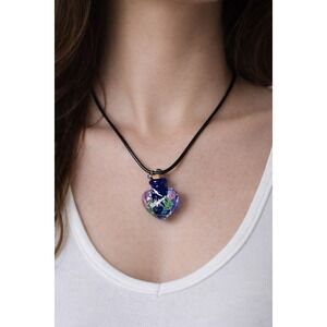 Vintage Glass Heart Vial Necklace Blue Hand Blown Art Glass Pendant